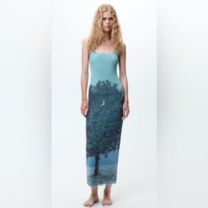 Zara René Magritte Print mesh blue long maxi Dress sz.S